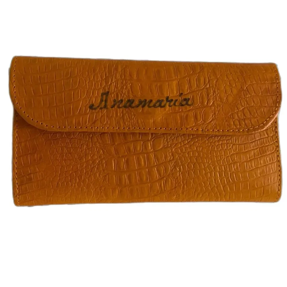 Mandarin Orange Croc Leather Long Wallet Anamaria Handcrafted Handmade Leather G
